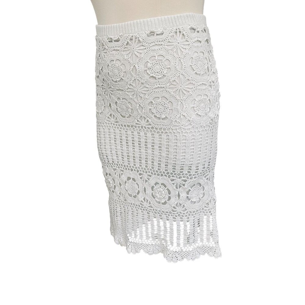 Boho Crochet Midi Skirt‎ White Floral Knit Lined 111 State XL Cottagecore - Picture 6 of 11